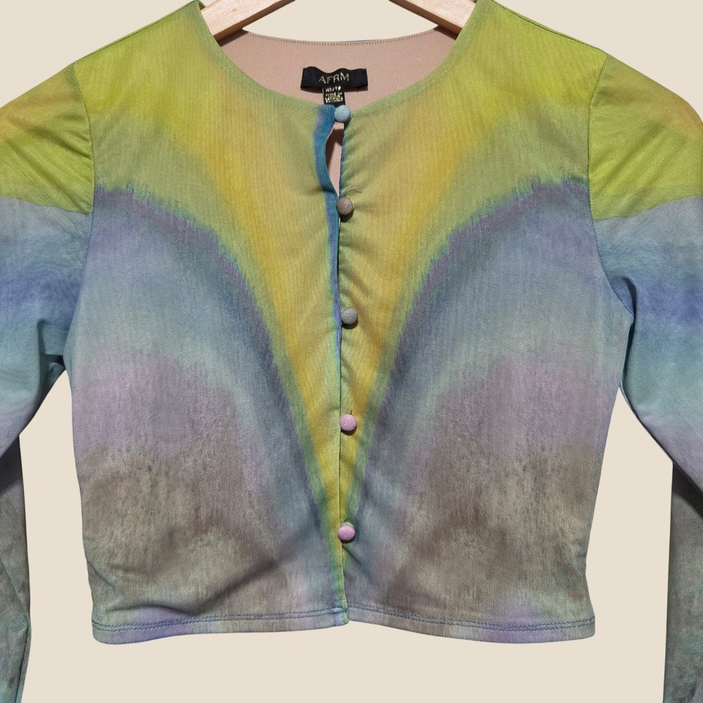 AFRM Womens Tie Dye Mesh Crop Top Long Sleeve Button Front Multi Color XS - Picture 4 of 11